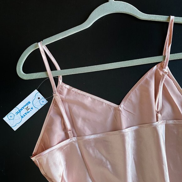 Vtg *NWT Romantic Satin Slip Maxi Dress Split Light Pink Spaghetti Strap Size M - Picture 2 of 7